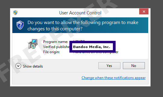 Screenshot where Bandoo Media, Inc. appears as the verified publisher in the UAC dialog